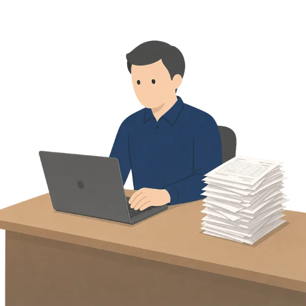 発注を Excel や電話で行い、月末にまとめて入力している担当者のイラスト
