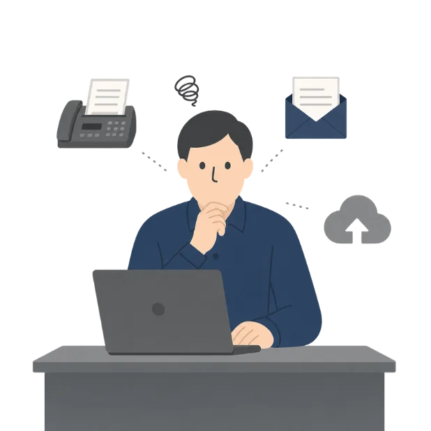 納品書を FAX とメールと郵送で送り分けている担当者のイラスト