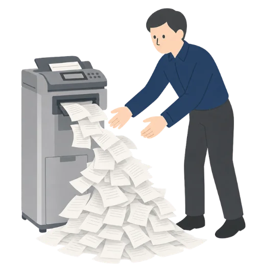 FAX 機から溢れ出る大量の注文書の前に立つ担当者のイラスト